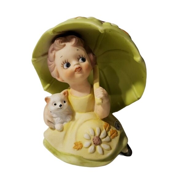 Vintage Josef Originals Happiness Is Rain Showers Girl Umbrella Puppy Figurine - Picture 1 of 8